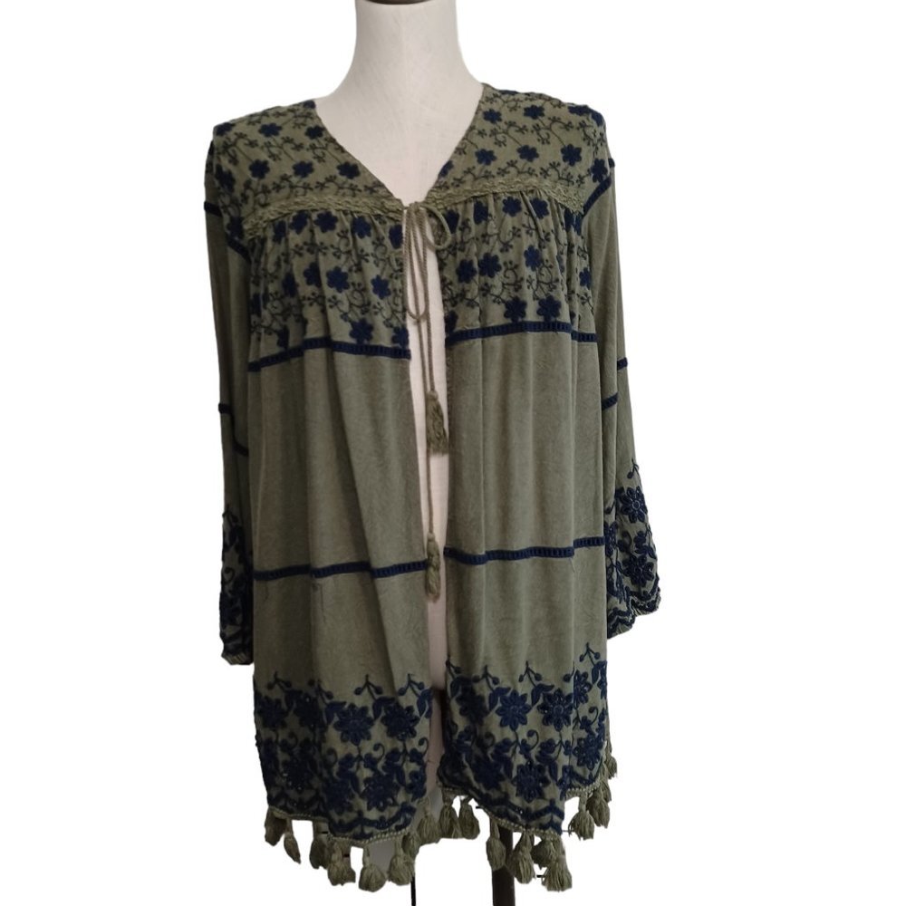 Indigo Thread Cardigan Green Embroidered Tie Front Western Boho Top Womens Small